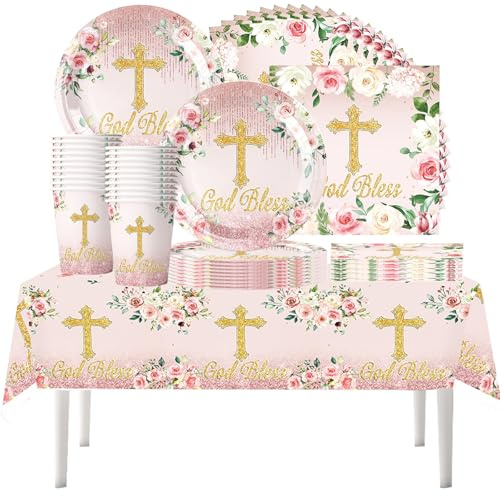 61 piezas Juego de vajilla floral para comunión, artículos para fiesta de bautizo de recién nacido, fiesta de comunión, vasos, platos, servilletas, mantel, para 20 comensales
