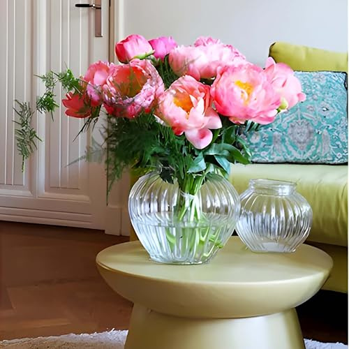 Sarabi Vintage-Vase aus Glas – bauchige, geriffelte Dekovase für Blumen, Tischdeko & Wohndekoration – Blumenvase Retro-Look - Tischvase - Blumenvase (H 13 cm - Ø 16 cm)