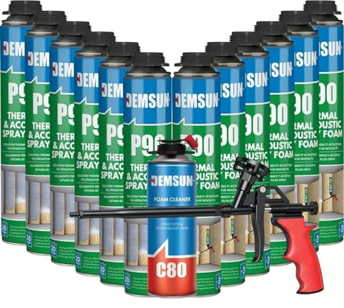 Demsun 12 Pcs 850 ml P90 Acoustic & Thermal Expanding Foam Kit with Gun & Cleaner, Gap Filler, Soundproofing Spray, Professional PU Sealant Bundle for Walls & Cavities