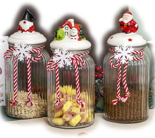 Darthome Set of 3 Christmas Ribbed Glass Storage Jars 1.2L Ceramic Lids Festive Kitchen Canisters