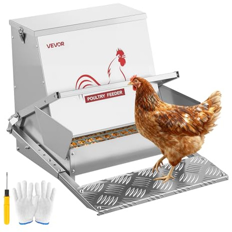 VEVOR Comedero automático, capacidad de 18 kg, resistente a la lluvia, con pedal y tapa con cerradura, Sin desperdicio, acero galvanizado, para pollos, gallinas enanas, aves de corral y faisanes
