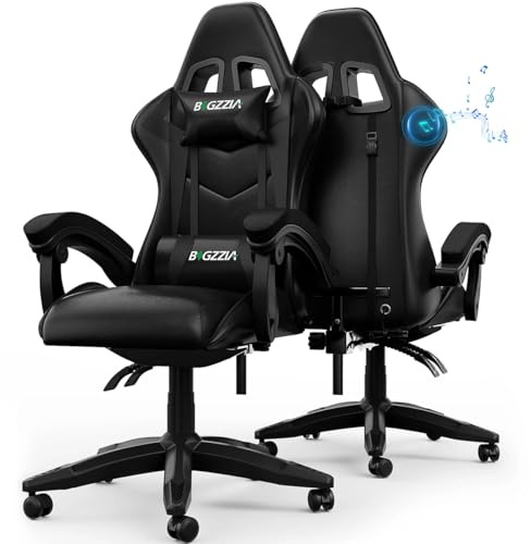 Bigzzia Gaming Chair with Bluetooth Speaker and Ergonomic Computer Chair Reclining PU Leather High Back Video Game Chair (Black, With Bluetooth Speaker)