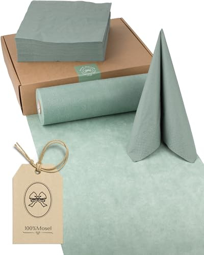 100% Mosel Set de Decoración de Mesa – Verde Eucalipto (25–50 invitados) Camino de Mesa de Vellón y Servilletas de Papel para Boda, Bautizo, Comunión & Cumpleaños