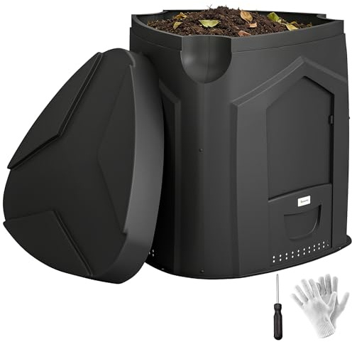 Outsunny Composteur de Jardin, 240L, bac à Compost extérieur, Triangulaire, 78 x 75 x 78 cm, en polypropylène, avec 3 Portes, 66 Aérations et Fond Ouvert, Inclus Gants et Tournevis, Noir