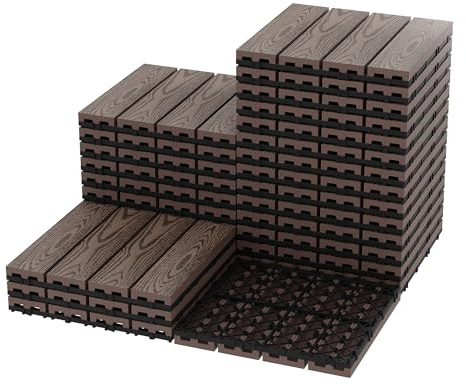 GarveeHome Wetterfeste, rutschfeste Verbund-Deckplatten 12x12 – Outdoor Terrassenfliesen für Balkon, Garten, Pool & Veranda – Klicksystem, Kunststoff-Holz – 27er Set, Coffee, 27PCS/set