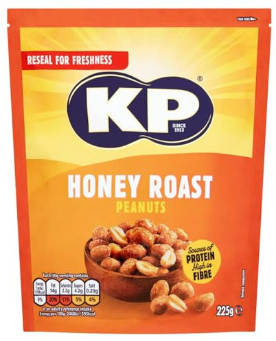 KP Nuts HONEY ROAST Peanuts 225g Pack - Roasted until golden for the perfect KP taste and crunch. Source of protein and high in fibre.