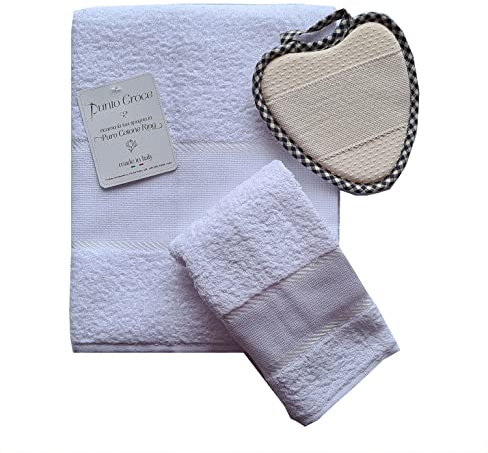 M&O Set Spugna Bagno Viso + Ospite 100% Spugna Cotone con Inserto in Tela Aida per RICAMARE Colore Bianco + 1 PRESINA IN OMAGGIO Produzione Italiana