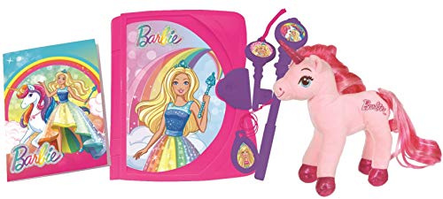 LEXIBOOK Mattel Barbie, Diario Secreto Electrónico con luz y Sonido, Peluche de Barbie Unicornio, Cuaderno, Llave mágica, bolígrafo y medallón mágico, Juguete para Niñas, Rosa/Púrpura, SD15BBY