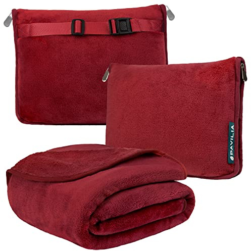 PAVILIA Reisedecke und Kissen, Doppelreißverschluss, Clip on Strap | Warmes weiches Fleece 2-in-1 Combo Decke Flugzeug, Camping, Gepäckrucksack-Gurt, 60 x 43 cm (weinrot)