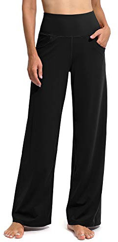 Promover Women's Activewear Trousers Yoga Trousers with Pockets Straight Wide Leg Stretch Work Tracksuit Bottoms Gym Joggers Causal Lounge Tummy Control Pants Petite/Regular/Tall,Black,M