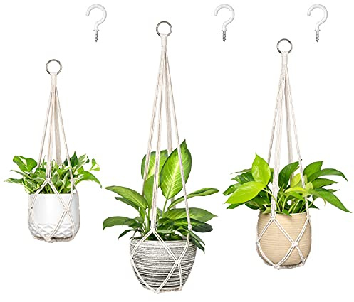 Dahey Macrame Plant Hanger Set of 3 with Hooks Indoor Hanging Planter Basket 35/29/23 Handmade Woven Cotton Rope Flower Pot Crochet Plant Holder Stand for Boho Home Decor No Tassels,Beige