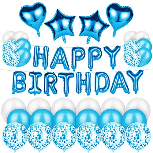 Vicloon Globos Cumpleaños Decoracione, Foil Globo Cumpleaños para Fiesta con Banner, Globos en Forma de Estrella y Corazón, Globos de Confeti and Látex para Niñas Niños Cumpleaños Fiesta…