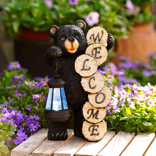 Qeeman Solar Bear for Garden Decor: Weatherproof Resin Statues with Lantern for Outdoor Outside Yard Pathway Patio Porch Balcony Decorations - Gifts for Mom Grandma Bear Lovers