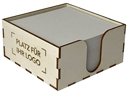 Notizzettelbox mit eigenem Logo | Box aus Holz mit Lasergravur | 500 Blatt aus Recycling-Papier im Format 10 x 10 cm | Werbegeschenk mit Logo