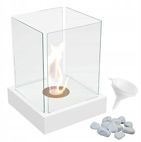 KRATKI Tango4 Caminetto a bioetanolo + ciottoli + imbuto di riempimento Autoportante Biocontenitore 0,2 l Certificato TÜV In acciaio verniciato a polvere e 4 pannelli di vetro 52.3 x 40 cm Bianco
