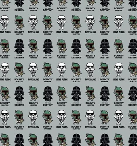 Imperial Quotes Star Wars Kawaii Print Grau Baumwollstoff Meterware Storm Trooper, Darth Vader, Boba Fett, Kopfgeldjäger (100% Baumwolle, echter Lizenzstoff, ideal zum Basteln, Quilten, Nähen)