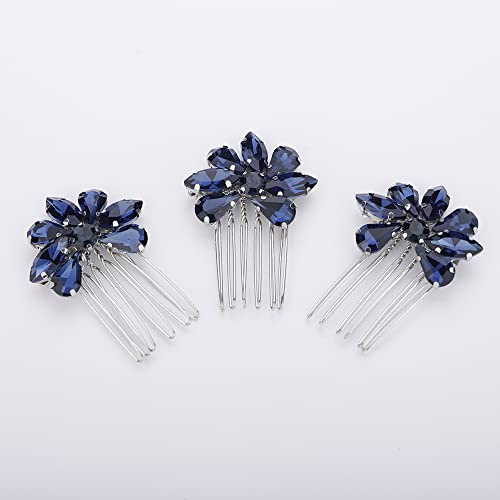 Teyglen Haarkamm-Set mit einfachen Strasssteinen, handgefertigt, rot, blau, schwarz, Kristall, seitliche Haarkämme, Brautschmuck-Set für Damen, Braut, Mädchen, Dunkelblau