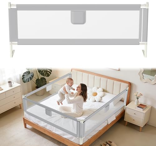 Tubiaz 200 cm, sänggaller, skydd, barnsängsskydd, justerbar höjd 64–96 cm, sängskydd för småbarn, babygaller med luftigt nät, säkert, lätt att montera, grå