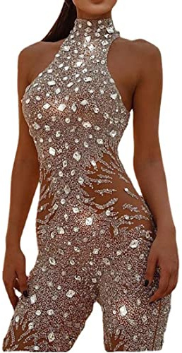 NLAVW Frauen Sexy Pailletten Overall - Ärmellose Rundhals Shiny Bodycon Dünne Party Clubwear Spielanzug