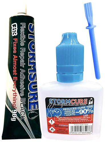 Stormsure Fast Curing Flexible Repair Adhesive Kit - (90g) Black + 30ml Stormcure Accelerator - 10x Faster Cure for Durable, Waterproof Applications