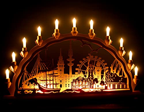 Schlick & Türk Schwibbogen Hamburg - Stadtmotiv - 68cm, 11 Kerzen + Vorbeleuchtung - Feine Handarbeit aus dem Erzgebirge - Weihnachten erzgebirgischer Lichterbogen