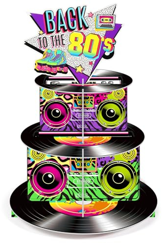 Zopeal 3 Tier 80's Cupcake Stand Party Decorations Retro 1980s Hip Hop Cake Holder Back to the 80s Cake Tower 1980's Hippie Dessert Stand for Adults Neon Rock Hippie Birthday Party Supplies Decoration