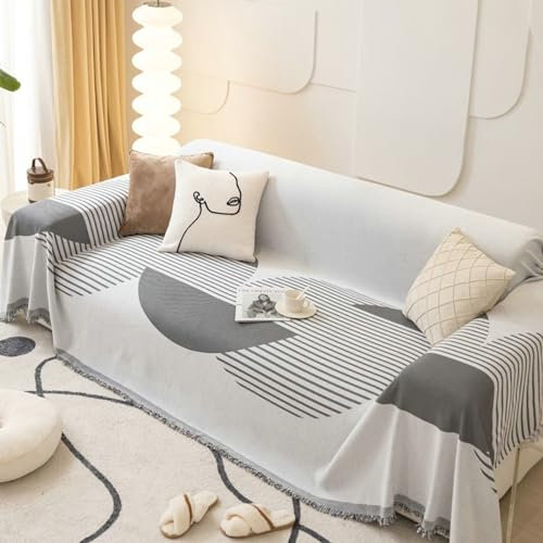 Ayoiow Couch Überzug Kort Sofahusse Grau 4 Sitzer Sofabezug Chenille Halbkreis Und Linienmuster