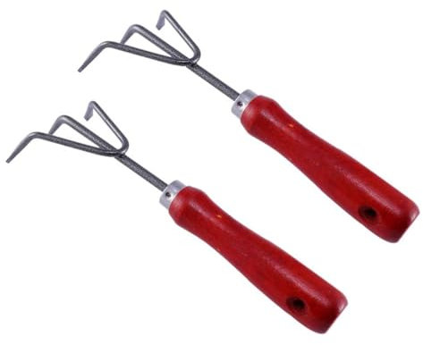 BESPORTBLE Râteau de Jardin Manuel 3 Dents Rouge en Bois et Fer, Facile à Tenir, pour Nettoyer Feuilles et Débris Le Jardin et Espace Extérieur, Lot de 2