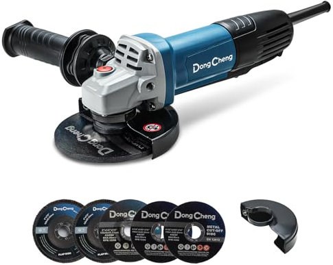 DongCheng - Smerigliatrice angolare 800 W, diametro disco: 125 mm, 11.800 min-1, manico con controllo delle vibrazioni, coperchio protettivo, con 2 dischi abrasivi, 2 scomparti e 2 dischi da taglio
