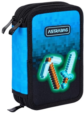 ASTRABAG Blue Pixel 3-Fach Mäppchen Federmappe Gefüllt dreifaches Federmäppchen, Schüleretui 3-stöckig Jungen, Federtasche XXL, Federmäppchen mit Zubehör, Motiv - Blue Pixel