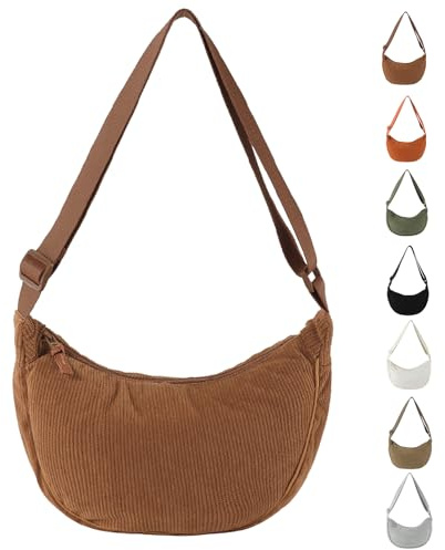 GoPaw Borsa di Velluto a Coste per le Donne, Borsa a Mezzaluna Hobos Crossbody Impermeabile e Leggera con Tracolla Regolabile per il Viaggio (marrone)