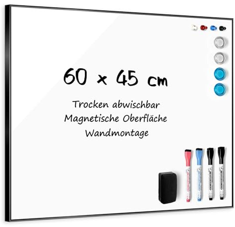 Sliandtelly Magnetisches Whiteboard mit Aluminium-Rahmen für Wand, 60x45 cm | Robuste Magnettafel mit beweglichen Rücken Haken für Wandmontage, Trocken abwischbare Tafel für Zuhause Küche Büro