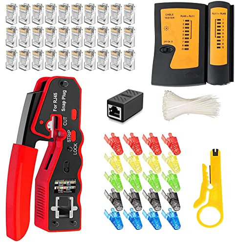 MAYLINE RJ45 Pince à Sertir Outil de Sertissage de Réseau Professionnel pour Prises de Câble Testeur de LAN Ethernet Cat7 Cat6a Cat6 Cat5 RJ11, Professionnel de Réseau d'Outils Kits (rouge)