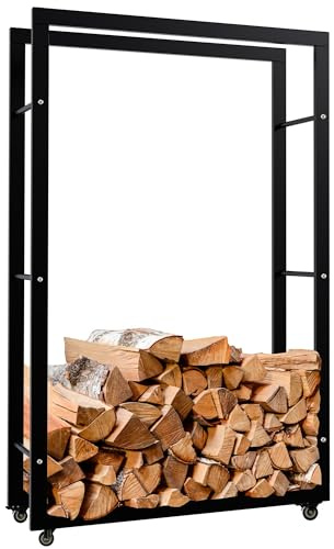 CLP Kaminholzständer Keri mit Rollen I Kaminholzregal aus schwarzem Metall I Aufbewahrung für Brennholz, Farbe:schwarz, Größe:25x80x125 cm