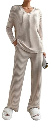 CheChury Freizeit Set Zweiteiler Damen Lange Loungewear Set Oversize Langarm Shirt Und High Waist Sporthose Sleepwear Hausanzug Sets Einfarbig Freizeithose Lounge Outfit Damen Set Lang,Beige,S
