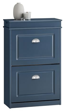 SoBuy Schuhschrank schmal mit 2 Klappen 54x24x82cm für Flur | Schuhregal mit Schublade & Haken für bis zu 8 Paar Schuhe, MDF Blau für kleine Räume FSR78-B