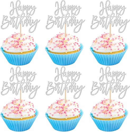 24 Stück Geburtstag Kuchen Deko Glitzer Happy Birthday Cupcake Toppers Geburtstag Tortendeko Gute zum Geburtstag Kuchen Deko für Geburtstag Jahrestag Thema Party Kuchen Dekorationen Silber