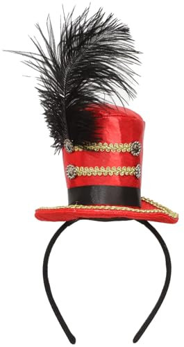 YiZYiF Damen Mini Zylinder Hut Haarreif mit Feder Deko Trommlermütze Stirnband Mini Top Hut Haarband Karneval Cosplay Mottoparty Kopfschmuck Rot One Size