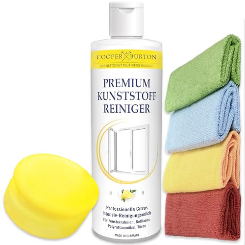 Kunststoff Fenster Intensiv Reiniger zur Reinigung & Pflege von Fensterrahmen Türen Rollladen Lamellen & Gartenmöbel inkl. Schwamm + 4x Microf. Tücher COOPER & BURTON