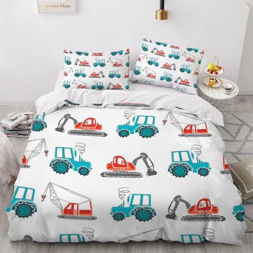 Generisch Bettwäsche Cartoon Bagger Traktor Autos Baustellenfahrzeuge 135X200 Mädchen Jungen Teenager Mit 80X80 Kissenbezug,Kinder Bettwäsche-Set 2teilig,Mikrofaser Bettbezug mit Reißverschluss,A15