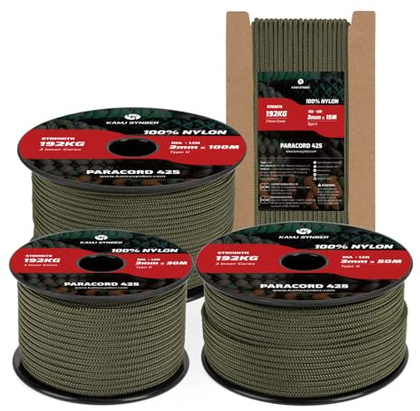 Kamu Synber 3mm Paracord 50m Paracord 425 Nylon Seil Typ II Schnüre 3 Kern | Tragkraft 192kg, 100% Nylon, Basteln, Outdoor, Camping, Survival