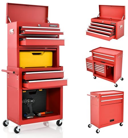 COSTWAY 2 in 1 Werkstattwagen inkl. Koffer & 9 Fächer & Haken, Werkzeugwagen Abschließbar auf Rädern ohne Werkzeug, Profi Werkstatt-Wagen Metall, 61,5 x 33 x 132 cm (Rot)