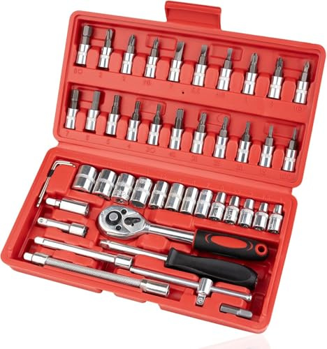 ZAFAYA 46 Pieces Auto Repair Wrench Screwdriver Set 1/4 Inch Metric | Socket and Ratchet Wrench Set, With Extension, Upgrade Compact, Snap on Ratchet Wrench Sockets, For Car