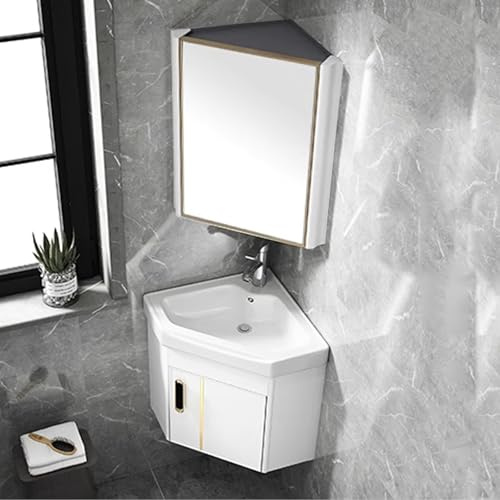 Armadietto da Bagno ad Angolo con Specchio e Contenitore Mobile Bagno Sospeso con Lavabo, Rubinetto Caldo e Freddo, Design Ssalvaspazio per Piccoli Bagni(White,38cm)
