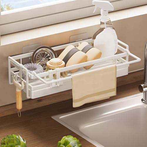 OBEISN Spülbecken Organizer Küchen Organizer mit Spültuchhalter- Hängend, Kohlenstoffstahl für Spüle, Spülmittel & Küchenutensilien - Spülablage & Küchenablage ohne Bohren, Sink Organizer, Weiß