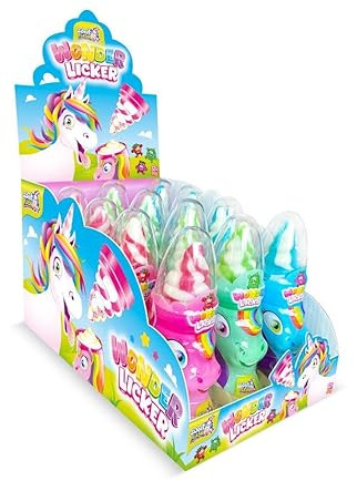 Einhorn Wonder Licker Lutscher 12er Display | 50g mit saurem Pulver | 3 Fruchtgeschmäcker (Erdbeere, Himbeere, Wassermelone) | Perfekt für Kindergeburtstage & Partys | Interaktiver Naschspaß
