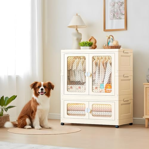 Niwugady Armadio portatile con doppie ante – Armadio pieghevole con ruote 103 x 75 x 38 cm – Cassettiera pieghevole in plastica con asta appendiabiti 1 sospensione + 1 portaoggetti, bianco