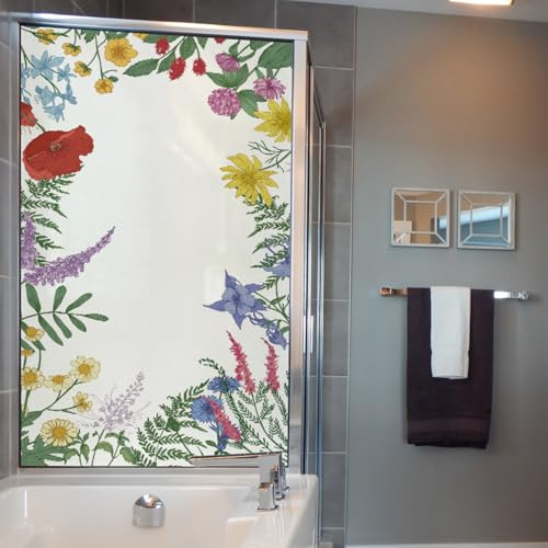 Film Opaque Vitrage Vert Rouge Floral Film Opaque Fenetre Anti Regard Electrostatique Pas De Colle Brise Vue Fenetre pour Salle de Bain Bureau Cuisine 60x116 cm/4 pcs