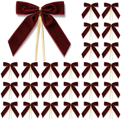 MORSUNBELA Fiocchi Natalizi Rossi Decorativi per Matrimoni in Velluto Regalo Vintage per Compleanno Comunione per Albero di Natale 25 Pezzi