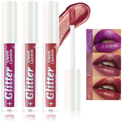 Brillo de labios brillante con purpurina 3 colores Juego de pintalabios líquido de relleno de aceite labial | Brillo parecido a jarabe | Duradero | Hidratante | Alto Brillo | Set de brillo labial C